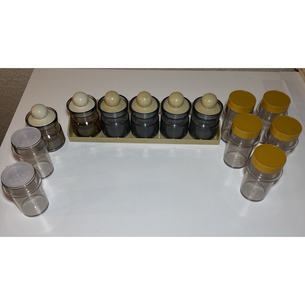 Vintage Set of 6 Plastic Storage Jars with Shelf Almond Color And 5 Spice Shaker